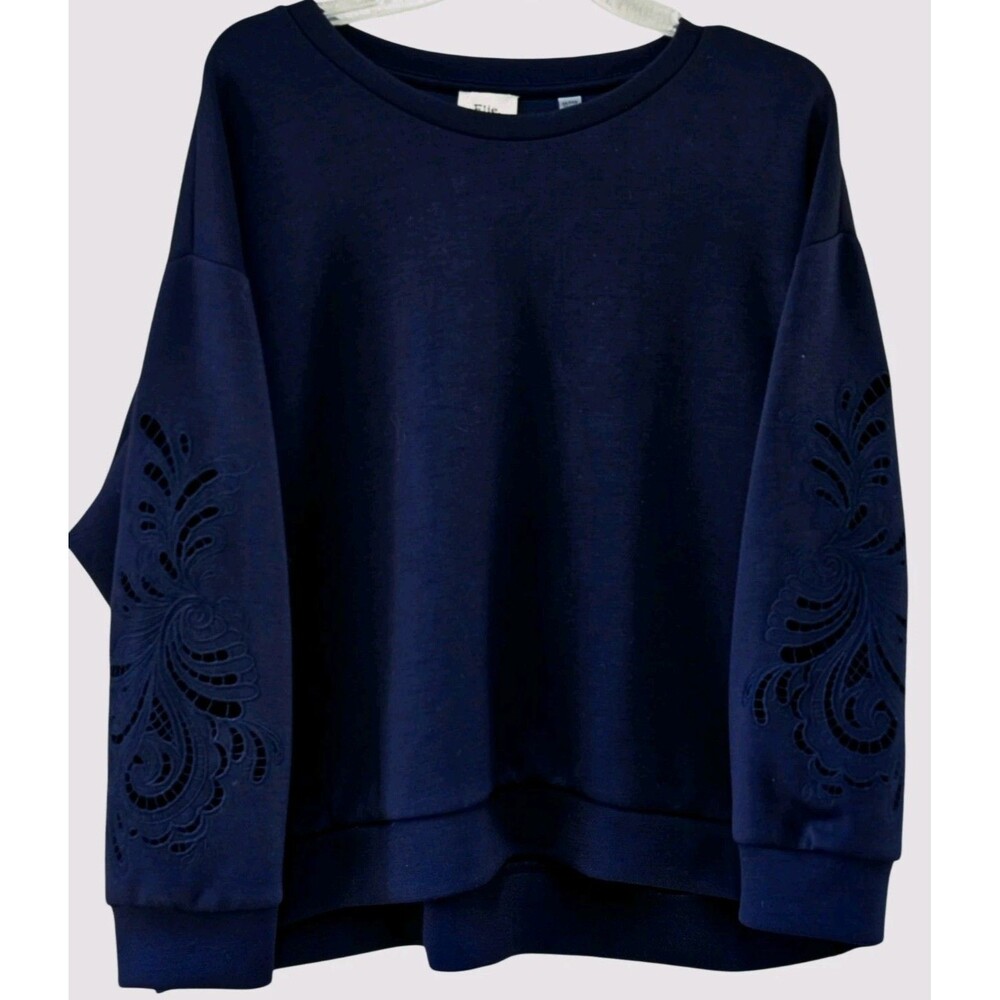 Elie Tahari Woman Sweatshirt Size 2X Navy Blue Laser Cut Sleeves Floral Relaxed - Picture 4 of 9